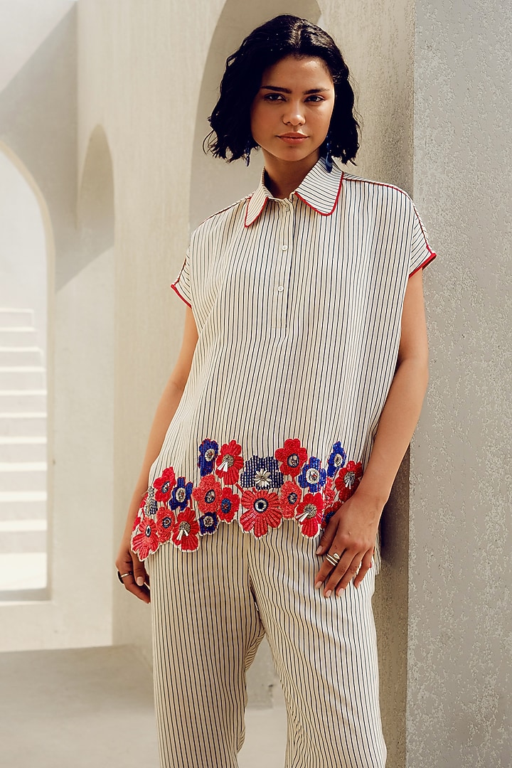 Off-White Crepe Floral Embroidered Shirt by POOJA RAJGARHIA GUPTA at Pernia's Pop Up Shop