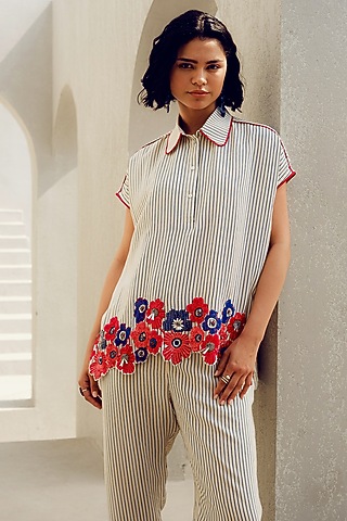 Off-White Crepe Floral Embroidered Shirt by POOJA RAJGARHIA GUPTA