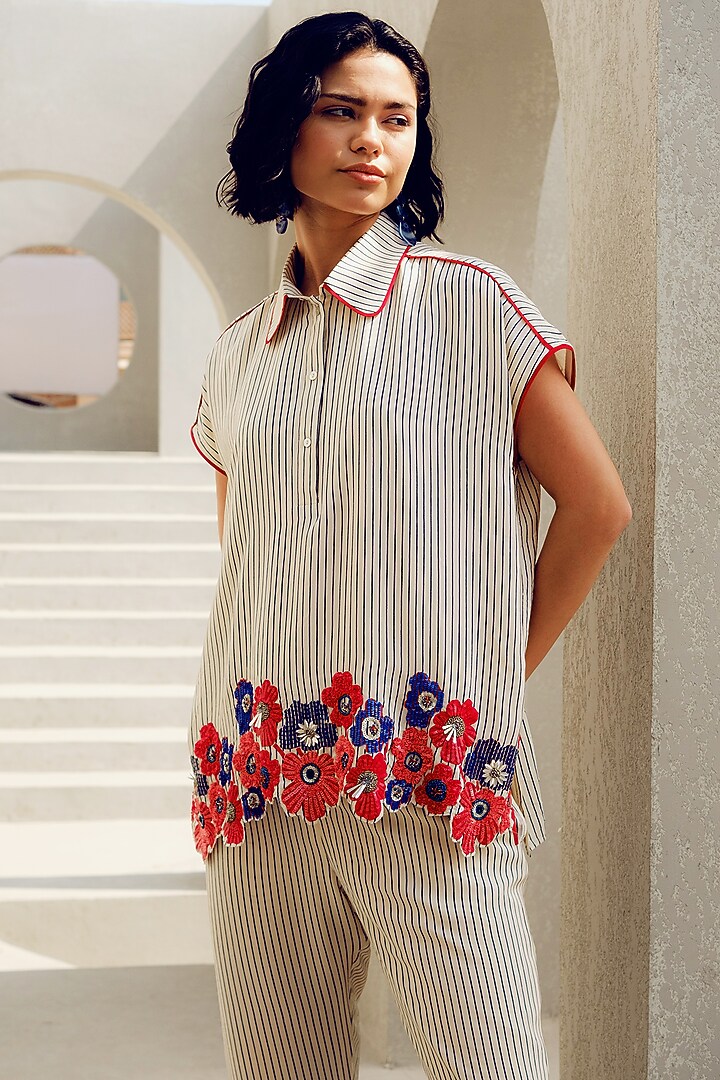 Off-White Crepe Floral Embroidered Shirt by POOJA RAJGARHIA GUPTA at Pernia's Pop Up Shop