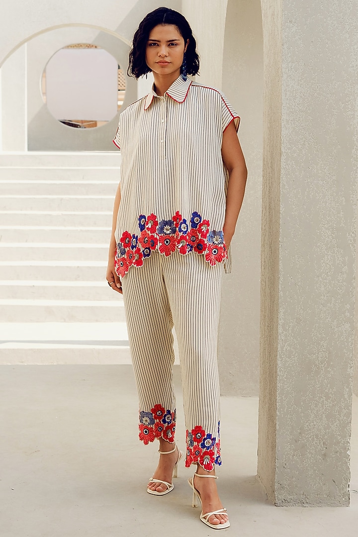 Off-White Crepe Floral Embroidered Shirt by POOJA RAJGARHIA GUPTA at Pernia's Pop Up Shop