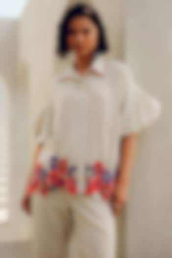 Off-White Pure Crepe Floral Embroidered Shirt by POOJA RAJGARHIA GUPTA at Pernia's Pop Up Shop