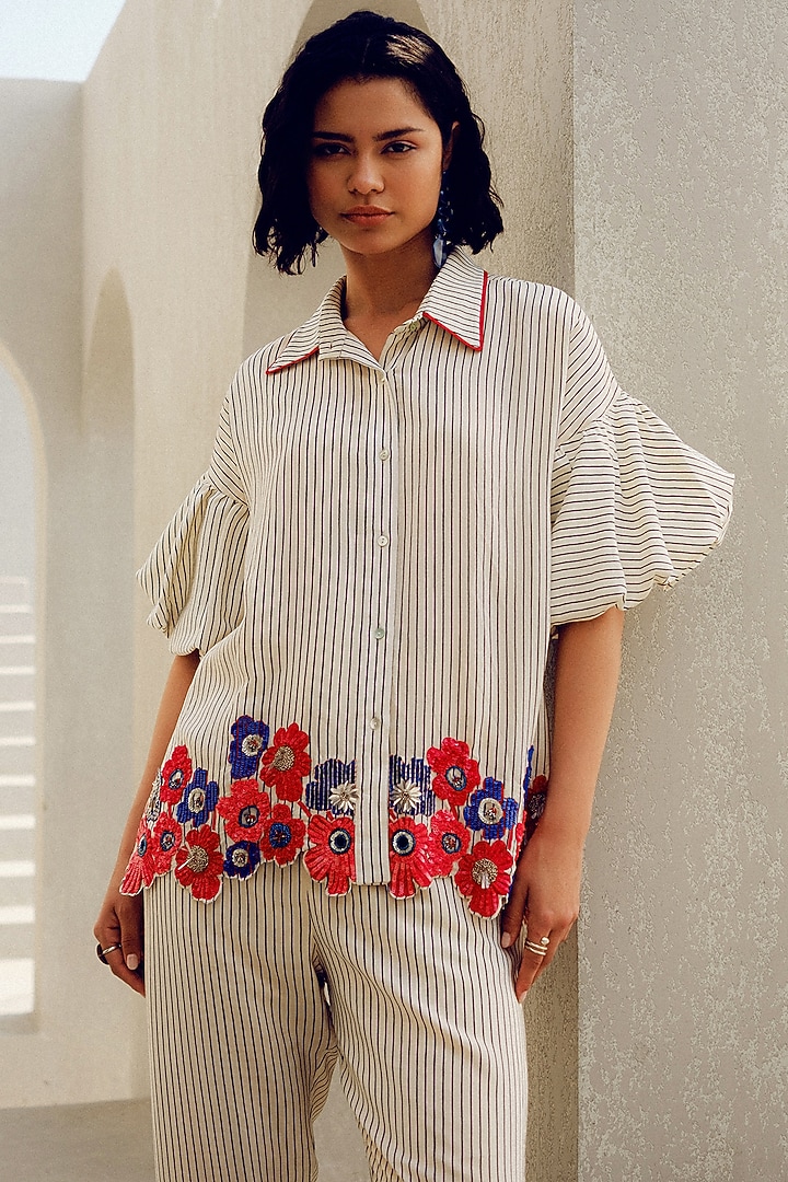 Off-White Pure Crepe Floral Embroidered Shirt by POOJA RAJGARHIA GUPTA at Pernia's Pop Up Shop