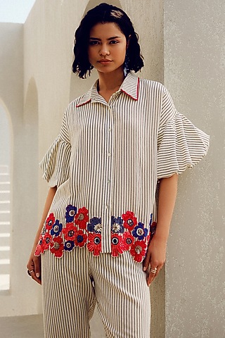 Off-White Pure Crepe Floral Embroidered Shirt by POOJA RAJGARHIA GUPTA