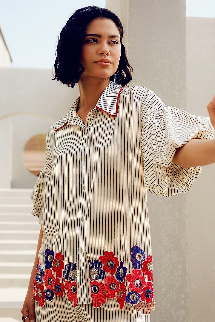 Off-White Pure Crepe Floral Embroidered Shirt by POOJA RAJGARHIA GUPTA at Pernia's Pop Up Shop