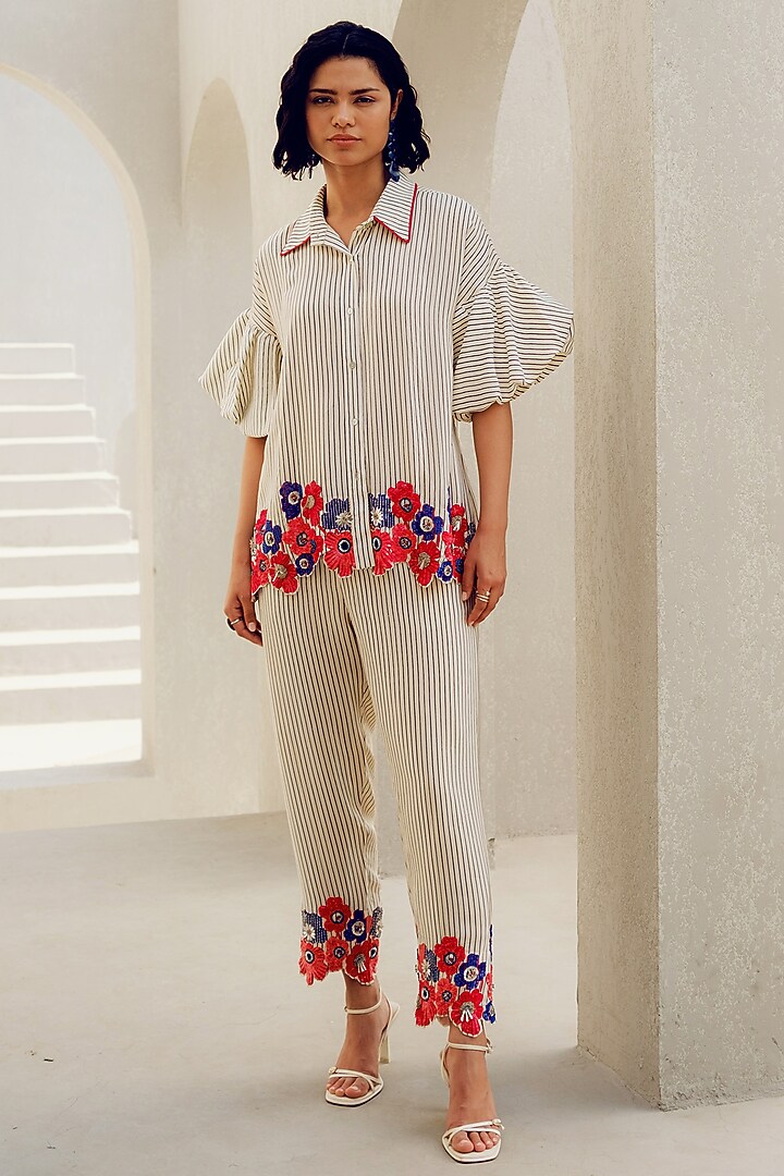 Off-White Pure Crepe Floral Embroidered Shirt by POOJA RAJGARHIA GUPTA at Pernia's Pop Up Shop