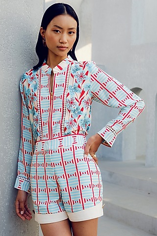 Off-White Double Georgette Geometric Printed Kimono Shirt by POOJA RAJGARHIA GUPTA