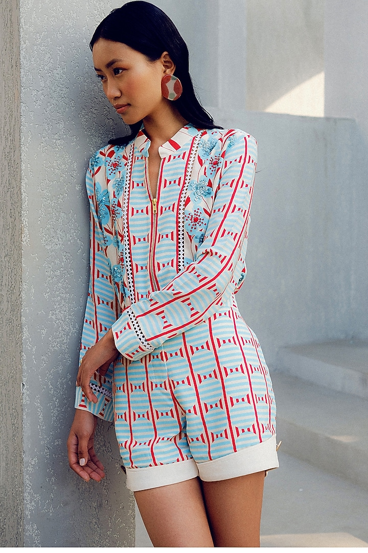 Off-White Double Georgette Geometric Printed Kimono Shirt by POOJA RAJGARHIA GUPTA at Pernia's Pop Up Shop