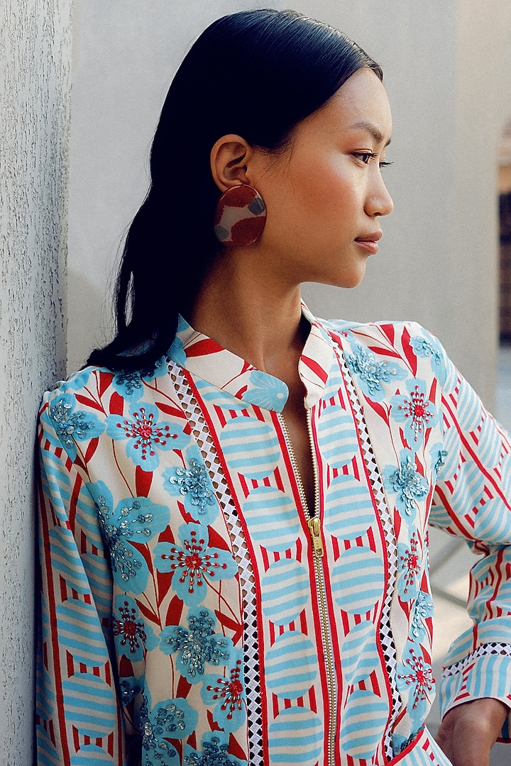 Off-White Double Georgette Geometric Printed Kimono Shirt by POOJA RAJGARHIA GUPTA at Pernia's Pop Up Shop