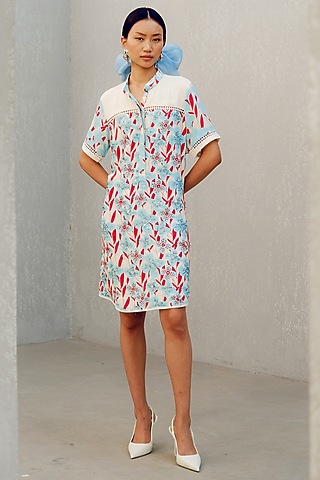 Off-White Double Georgette Floral Printed Dress by POOJA RAJGARHIA GUPTA