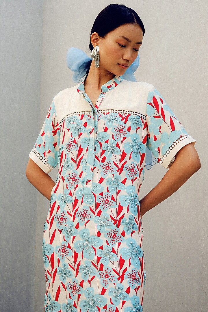 Off-White Double Georgette Floral Printed Vacation Dress by POOJA RAJGARHIA GUPTA at Pernia's Pop Up Shop