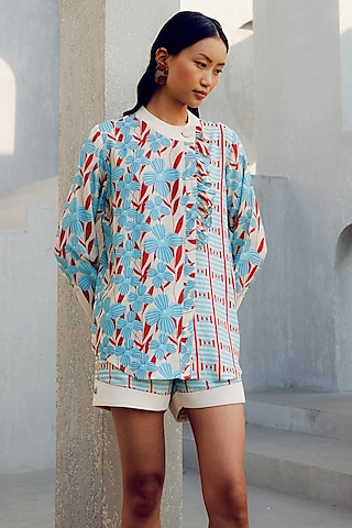 Off-White Double Georgette Floral Printed Frill Shirt by POOJA RAJGARHIA GUPTA