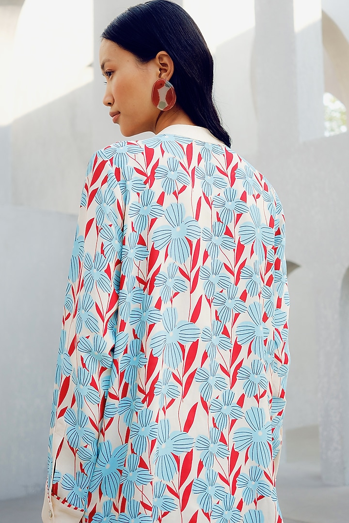 Off-White Double Georgette Floral Printed Frill Shirt by POOJA RAJGARHIA GUPTA at Pernia's Pop Up Shop