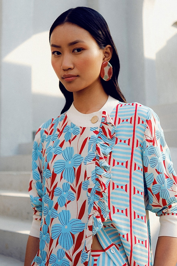 Off-White Double Georgette Floral Printed Frill Shirt by POOJA RAJGARHIA GUPTA at Pernia's Pop Up Shop