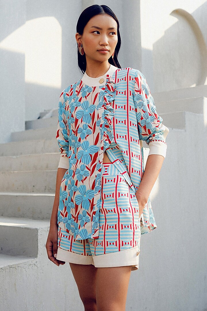 Off-White Double Georgette Floral Printed Frill Shirt by POOJA RAJGARHIA GUPTA at Pernia's Pop Up Shop
