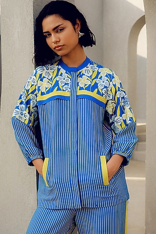 Blue Double Georgette Floral Printed Kimono Shirt by POOJA RAJGARHIA GUPTA