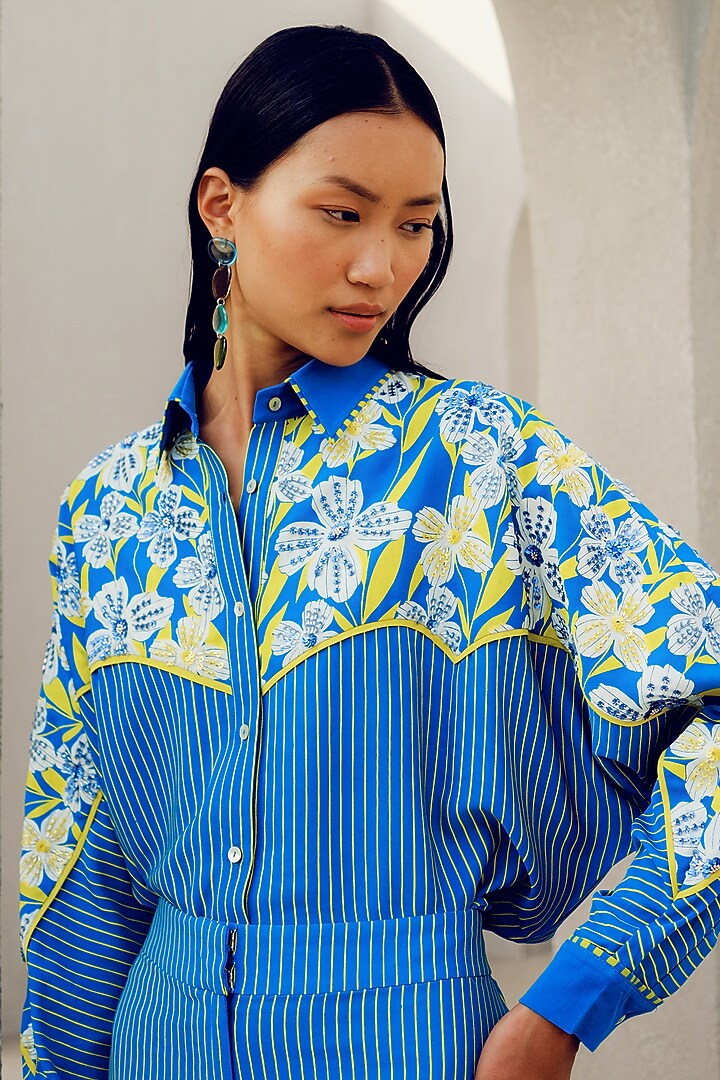 Blue Double Georgette Floral Printed Kimono Shirt by POOJA RAJGARHIA GUPTA at Pernia's Pop Up Shop