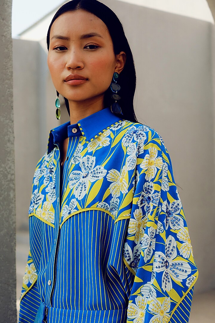 Blue Double Georgette Floral Printed Kimono Shirt by POOJA RAJGARHIA GUPTA at Pernia's Pop Up Shop