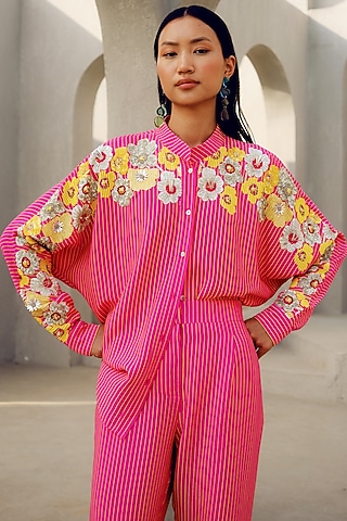 Pink Double Georgette Floral Embroidered Kimono Shirt by POOJA RAJGARHIA GUPTA