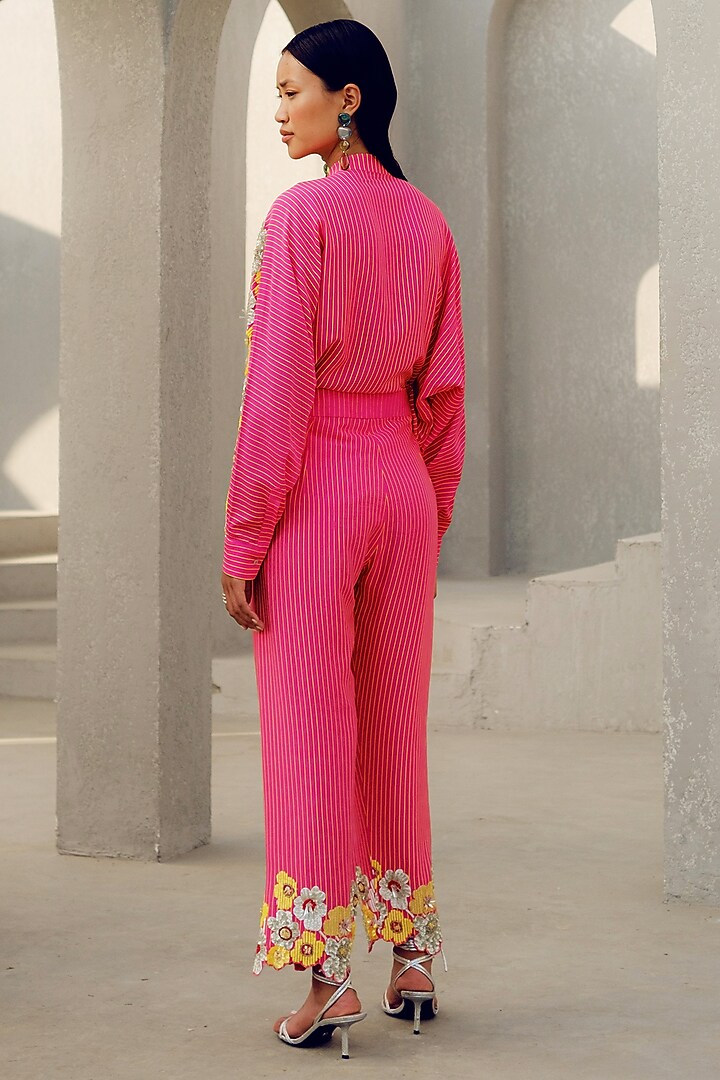 Pink Double Georgette Floral Embroidered Kimono Shirt by POOJA RAJGARHIA GUPTA at Pernia's Pop Up Shop