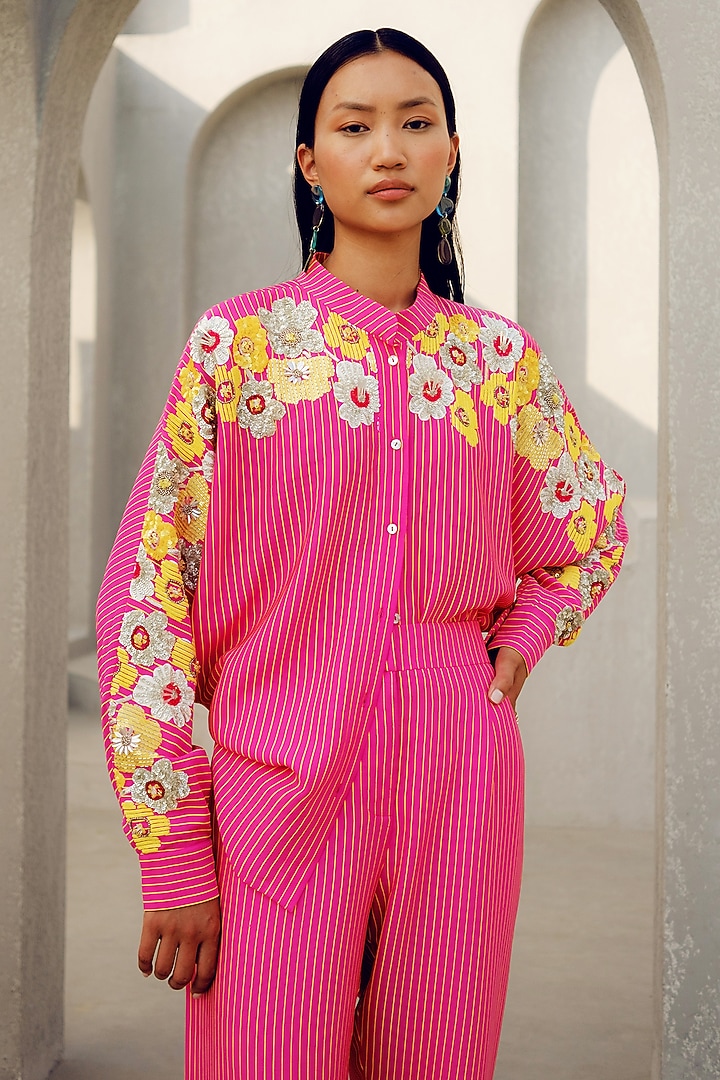 Pink Double Georgette Floral Embroidered Kimono Shirt by POOJA RAJGARHIA GUPTA at Pernia's Pop Up Shop
