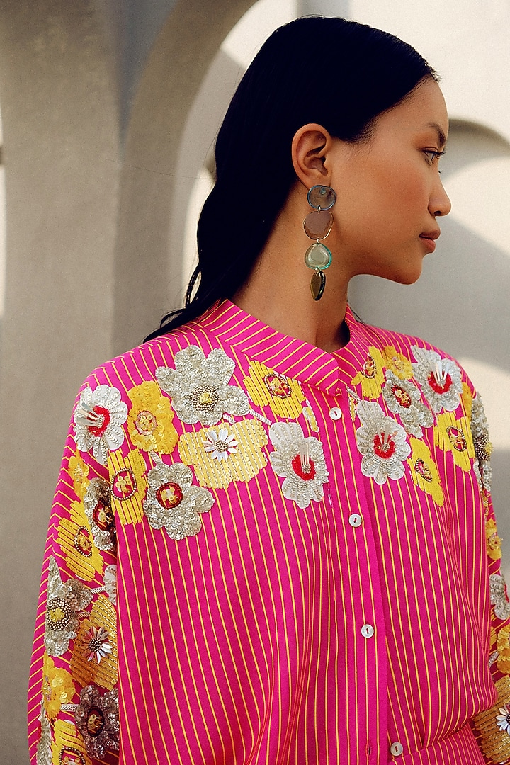 Pink Double Georgette Floral Embroidered Kimono Shirt by POOJA RAJGARHIA GUPTA at Pernia's Pop Up Shop