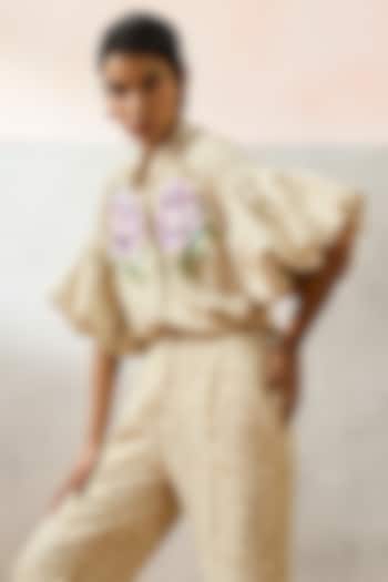 Beige Double Georgette Motif Embroidered Shirt by POOJA RAJGARHIA GUPTA at Pernia's Pop Up Shop