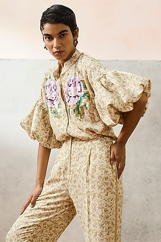 Beige Double Georgette Motif Embroidered Shirt by POOJA RAJGARHIA GUPTA
