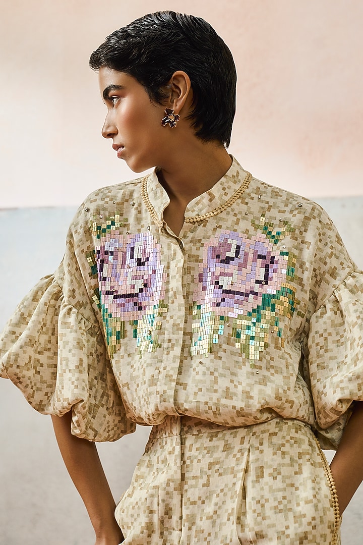 Beige Double Georgette Motif Embroidered Shirt by POOJA RAJGARHIA GUPTA at Pernia's Pop Up Shop
