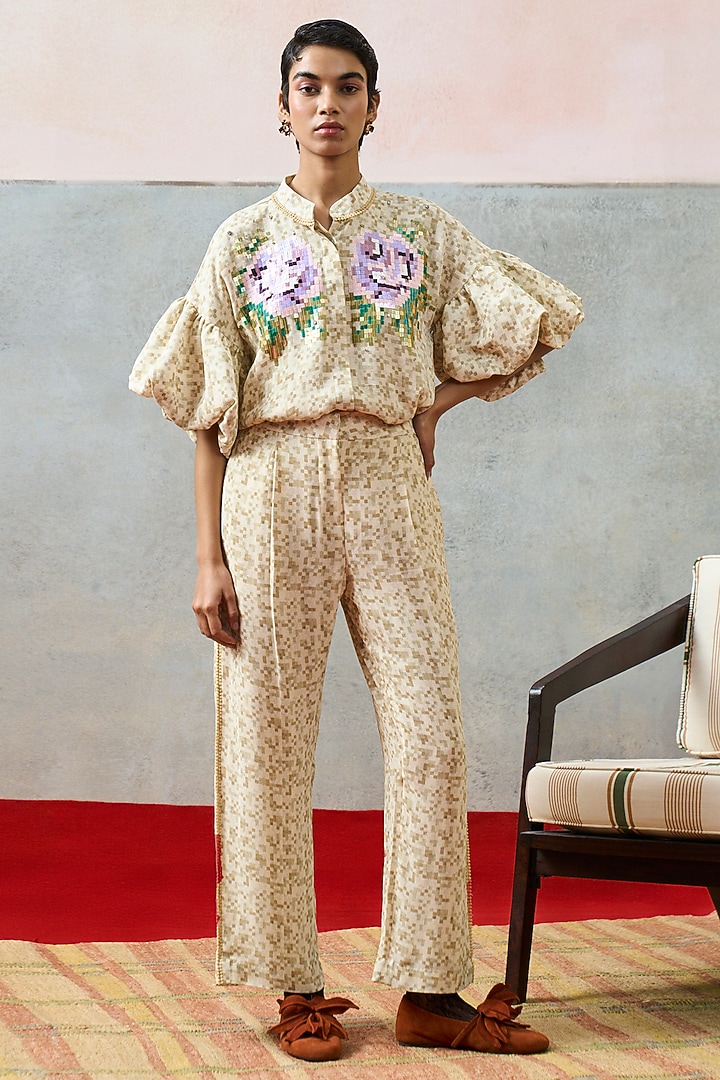 Beige Double Georgette Motif Embroidered Shirt by POOJA RAJGARHIA GUPTA at Pernia's Pop Up Shop