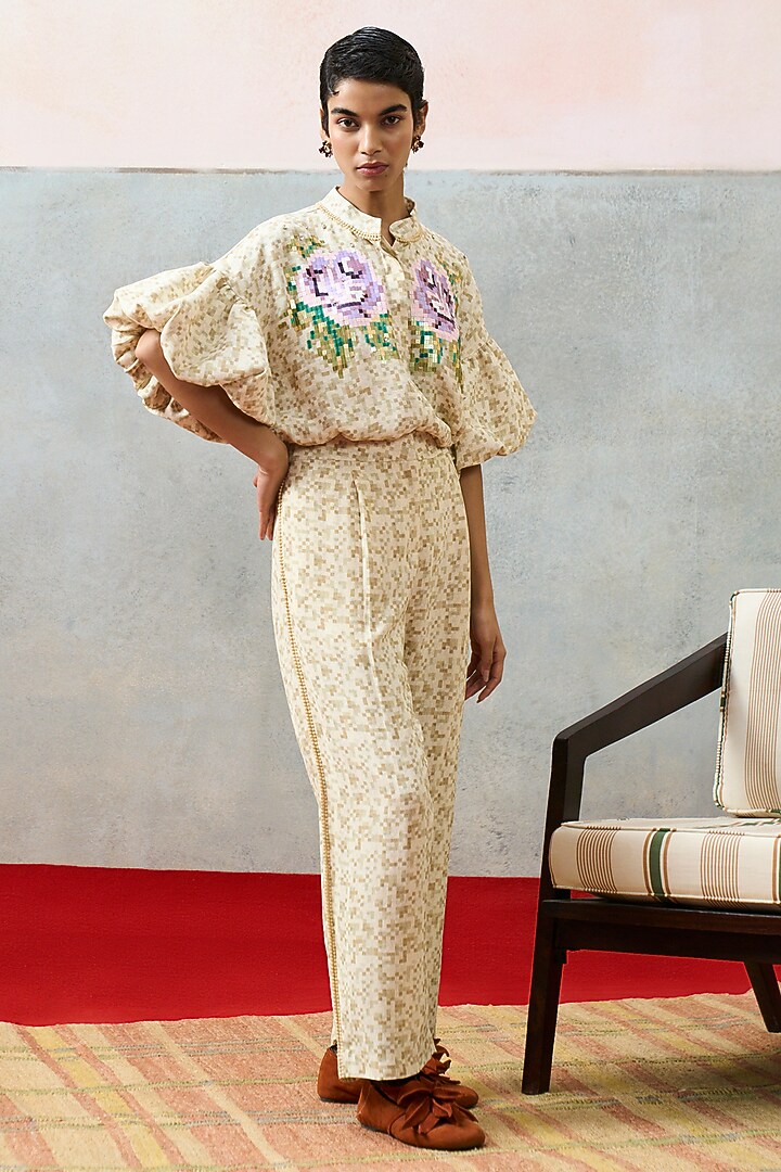 Beige Double Georgette Motif Embroidered Shirt by POOJA RAJGARHIA GUPTA at Pernia's Pop Up Shop