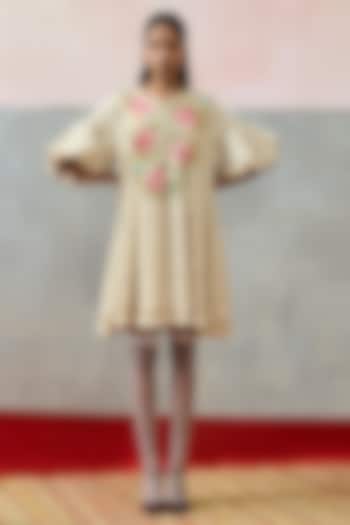 Beige Double Georgette Floral Embroidered Vacation Dress by POOJA RAJGARHIA GUPTA at Pernia's Pop Up Shop