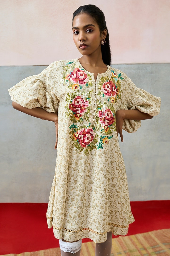Beige Double Georgette Floral Embroidered Vacation Dress by POOJA RAJGARHIA GUPTA at Pernia's Pop Up Shop
