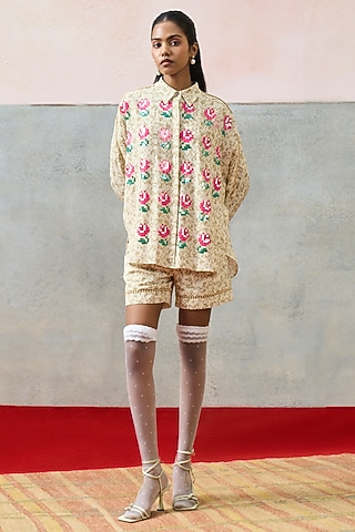 Beige Double Georgette Motif Embroidered Kimono Shirt by POOJA RAJGARHIA GUPTA