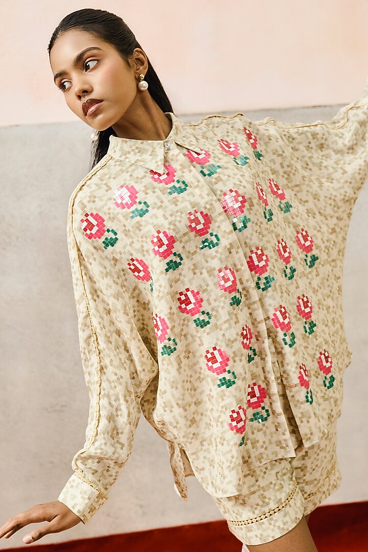 Beige Double Georgette Motif Embroidered Kimono Shirt by POOJA RAJGARHIA GUPTA at Pernia's Pop Up Shop