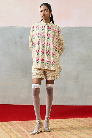 Beige Double Georgette Shorts by POOJA RAJGARHIA GUPTA