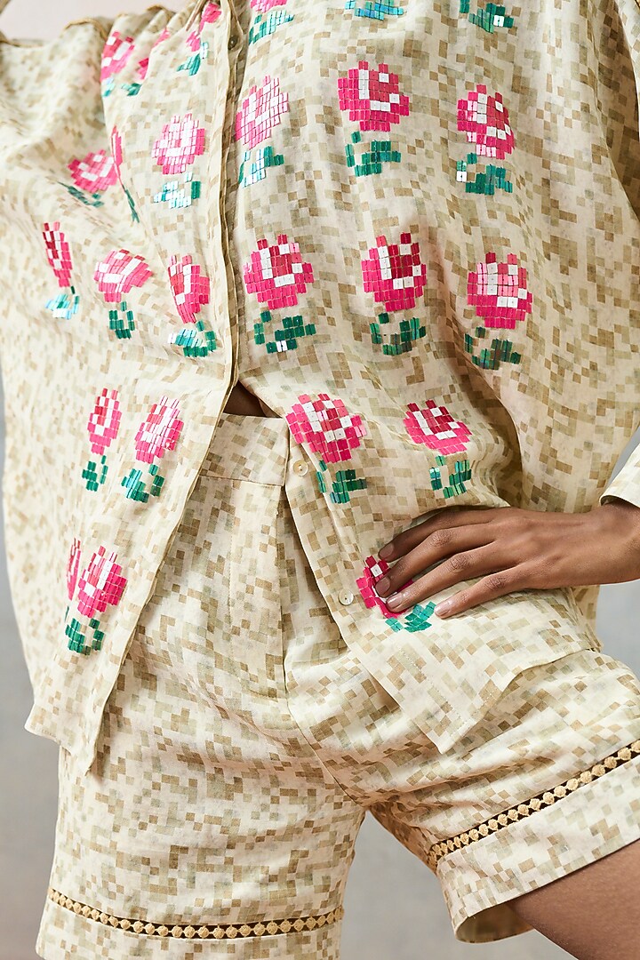 Beige Double Georgette Shorts by POOJA RAJGARHIA GUPTA at Pernia's Pop Up Shop