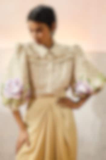 Beige Double Georgette Motif Embroidered Capri Shirt by POOJA RAJGARHIA GUPTA at Pernia's Pop Up Shop