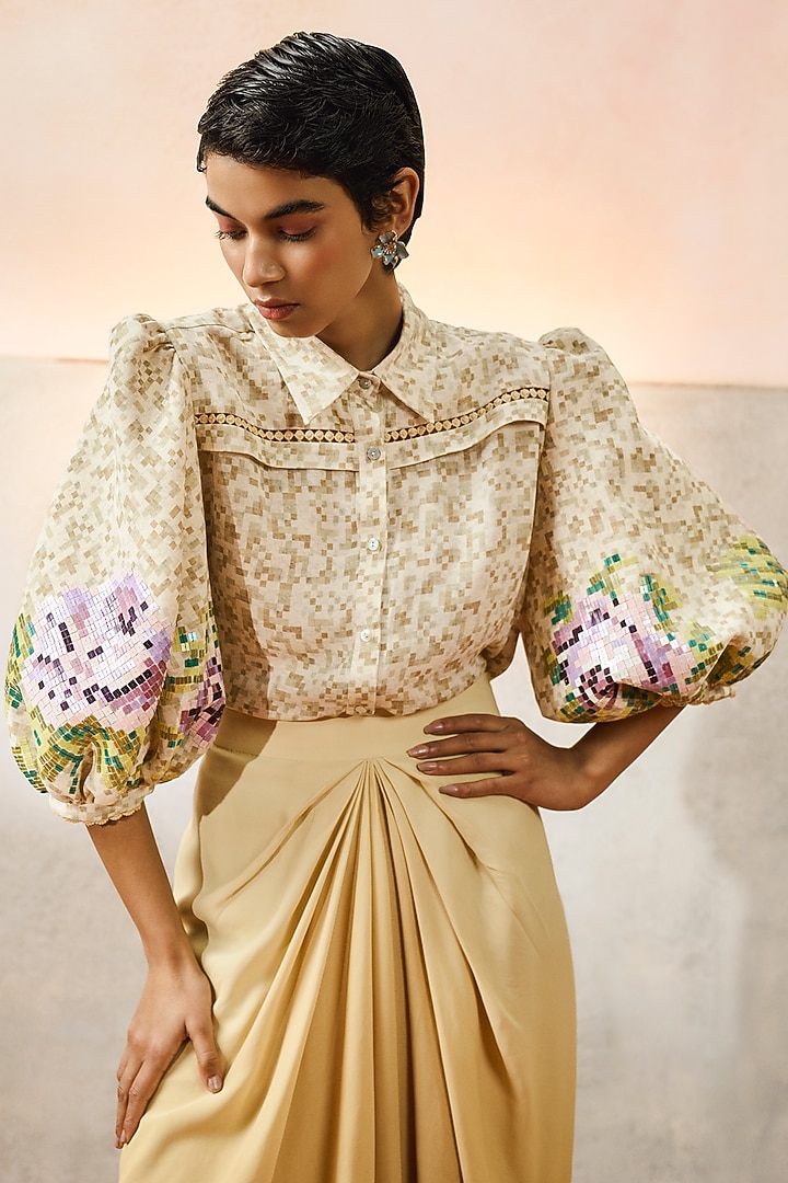 Beige Double Georgette Motif Embroidered Capri Shirt by POOJA RAJGARHIA GUPTA at Pernia's Pop Up Shop