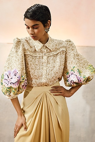Beige Double Georgette Motif Embroidered Capri Shirt by POOJA RAJGARHIA GUPTA