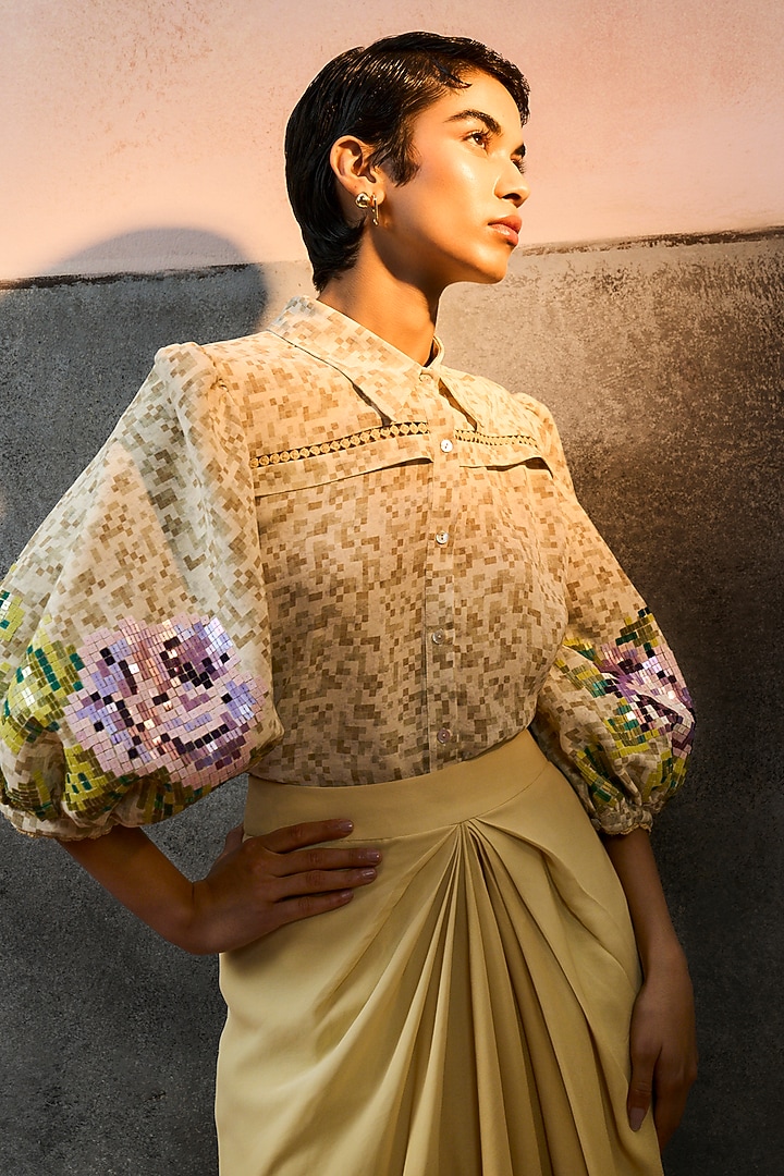 Beige Double Georgette Motif Embroidered Capri Shirt by POOJA RAJGARHIA GUPTA at Pernia's Pop Up Shop