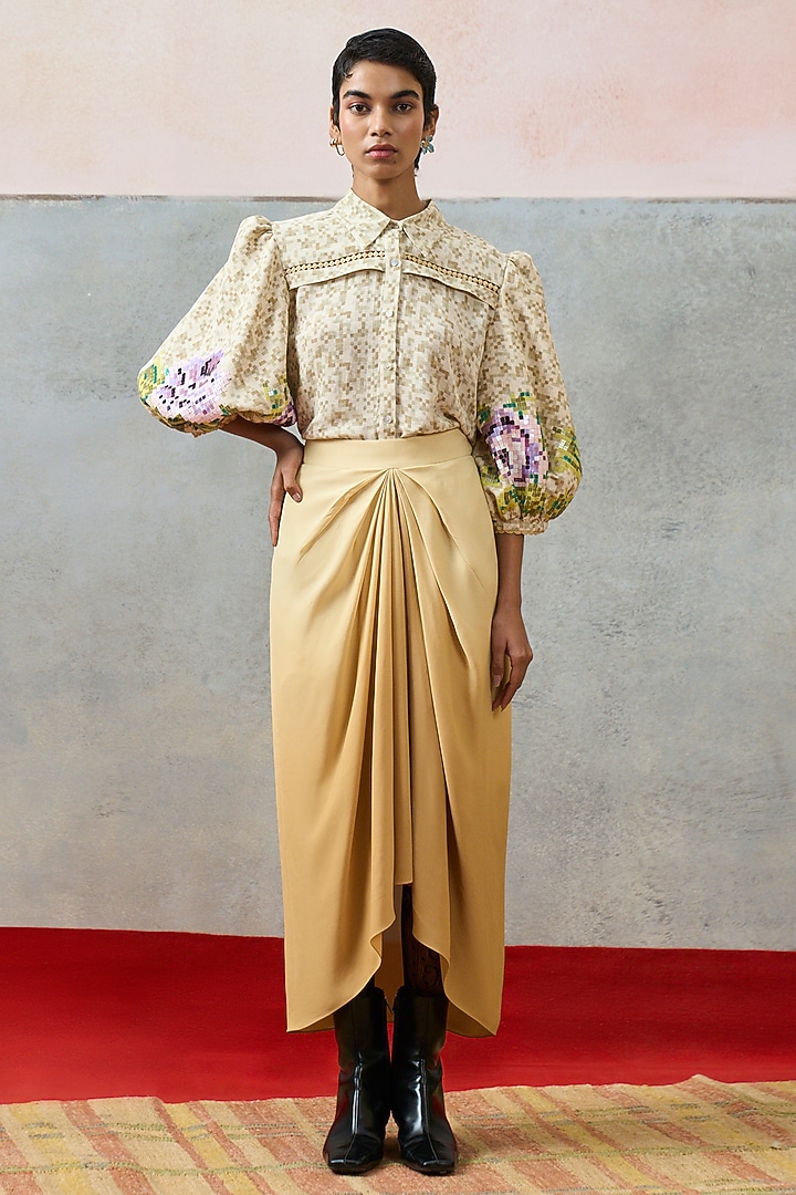 Beige Double Georgette Motif Embroidered Capri Shirt by POOJA RAJGARHIA GUPTA at Pernia's Pop Up Shop