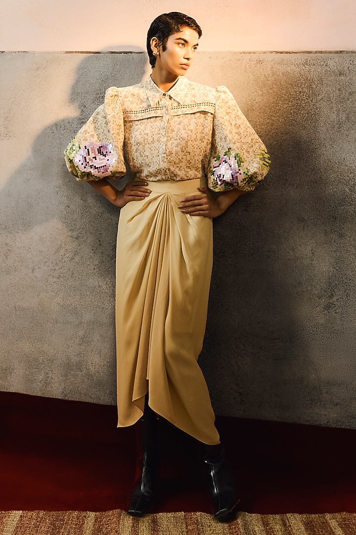 Beige Double Georgette Motif Embroidered Capri Shirt by POOJA RAJGARHIA GUPTA at Pernia's Pop Up Shop
