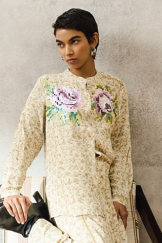 Beige Double Georgette Motif Embroidered Shirt by POOJA RAJGARHIA GUPTA