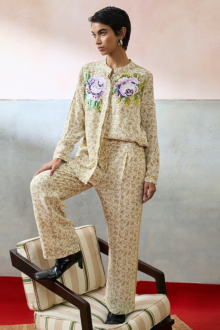 Beige Double Georgette Motif Embroidered Shirt by POOJA RAJGARHIA GUPTA at Pernia's Pop Up Shop