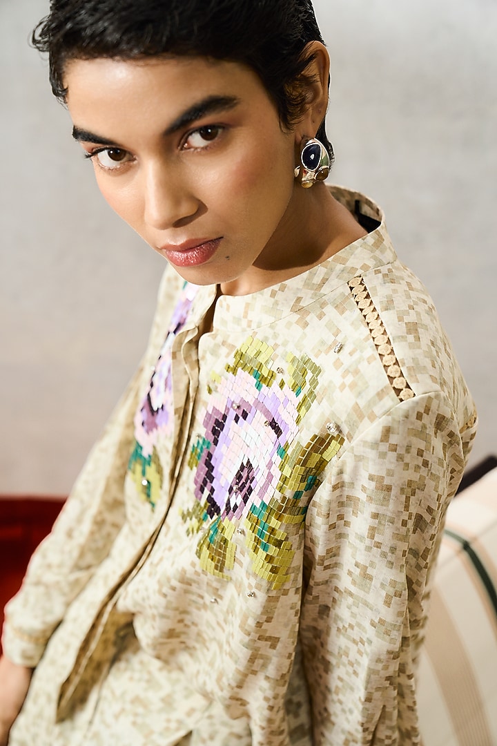 Beige Double Georgette Motif Embroidered Shirt by POOJA RAJGARHIA GUPTA at Pernia's Pop Up Shop