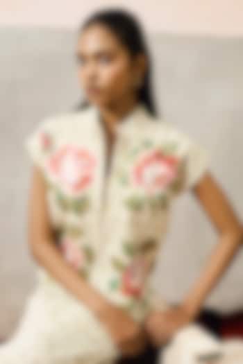Beige Double Georgette Motif Embroidered Crop Top by POOJA RAJGARHIA GUPTA at Pernia's Pop Up Shop