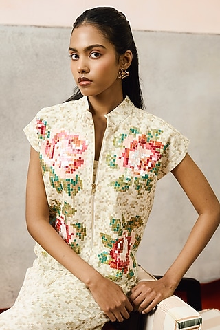 Beige Double Georgette Motif Embroidered Crop Top by POOJA RAJGARHIA GUPTA