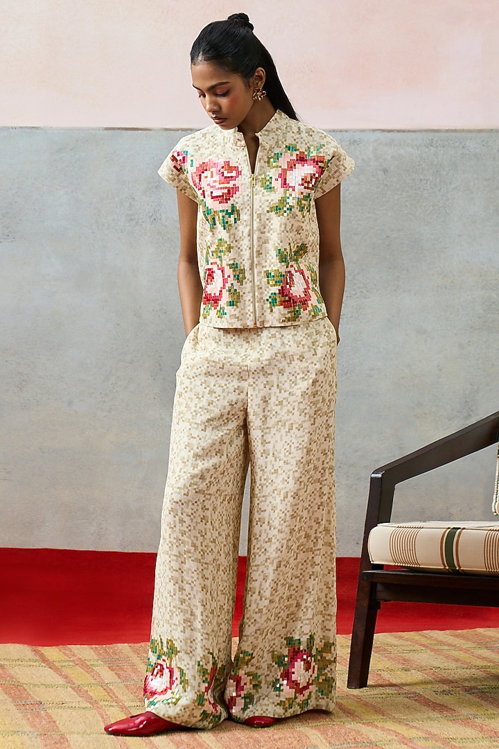 Beige Double Georgette Motif Embroidered Crop Top by POOJA RAJGARHIA GUPTA at Pernia's Pop Up Shop