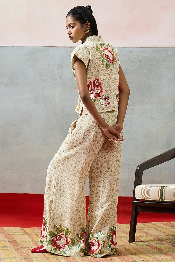 Beige Double Georgette Motif Embroidered Crop Top by POOJA RAJGARHIA GUPTA at Pernia's Pop Up Shop