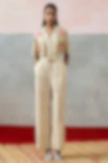 Beige Double Georgette Motif Embroidered Jumpsuit by POOJA RAJGARHIA GUPTA at Pernia's Pop Up Shop